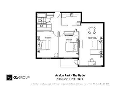 Floor plan for 2 beds, 1 bath, 939 sqft
